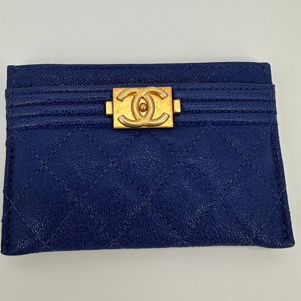 Chanel Blue Quilted Caviar Boy Card Case Wallet